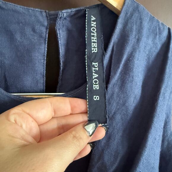 ANOTHER PLACE | Navy Blue Linen Bow Front Relaxed Shift Midi Dress | Small - Picture 5 of 6